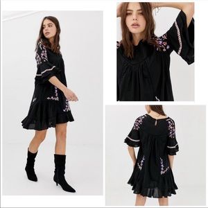 Free People Pavlo Black Floral Embroidered Mini Dress, Size Small, Babydoll Fit